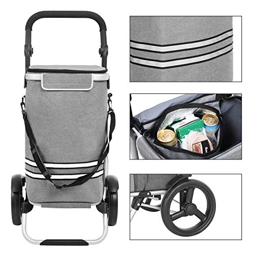 Shopping Trolley, Foldable Shopping Cart, Solid, with Insulated Cooling Bag, Large Capacity 35L, Multifunctional Luggage Cart with Wheels, Detachable Backpack, Grey