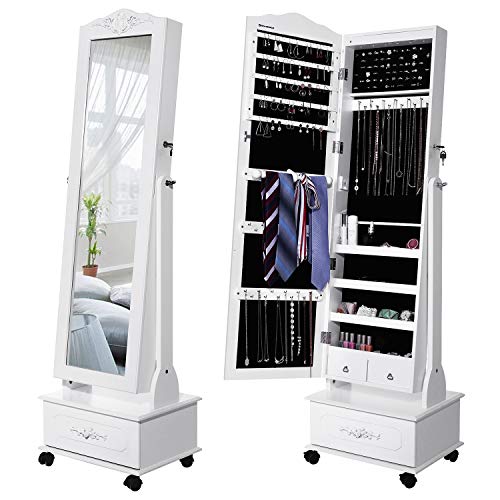 Songmics  Jewellery Cabinet with Wheels and LED Lighting, Lockable, White