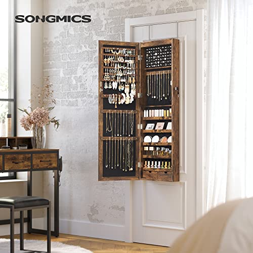 Jewellery Cabinet Armoire, Lockable Wall-Mounted Storage Organiser Unit for Necklace Earring, with Mirror and Various Compartments, Rustic Brown