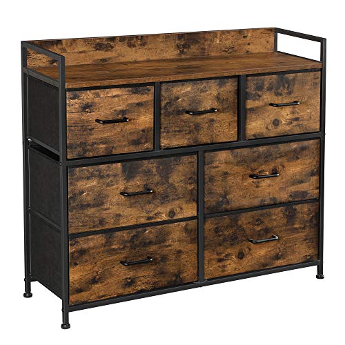 Fabric Chest of Drawers, Bedroom Storage Unit, Cabinet Dresser with 7 Drawers, with Metal Frame and Handles, Industrial, Rustic Brown and Black