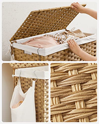 Laundry Basket, Handwoven Laundry Hamper, 140L Rattan-Style Washing Basket with 3 Compartments, Removable Liner, Handles, Lid, Living Room, Bathroom, 66 x 33 x 60 cm, Natural