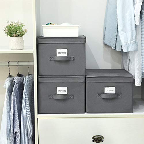 Set of 3 Foldable Storage Boxes with Lids, Fabric Cubes with Label Holders, Storage Bins Organiser, 40 x 30 x 25 cm, Grey