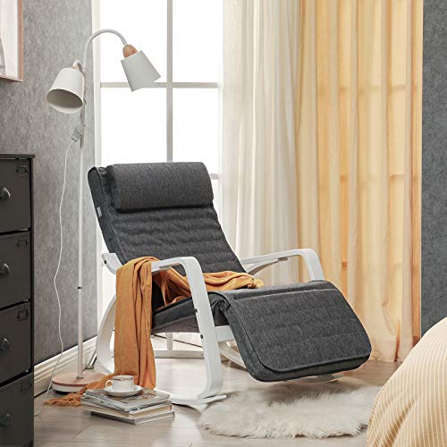 Rocking Chair Made of Birch Wood, Relaxing Chair, Footrest Adjustable to 5 Levels, Imitation Linen Cover, Maximum Load 150 kg, Living Room and Bedroom, Dark Grey