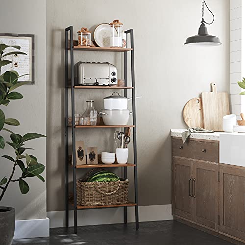 Bookcase, Ladder Shelf with 5 Shelves, Open Standing Shelf, Narrow for Living Room, Bedroom, Kitchen, Office, Metal Frame, Industrial Design, Vintage Brown-Black