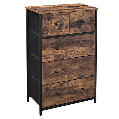 Chest of Drawers, Fabric 5-Drawer Storage Organiser Unit, Wooden Front and Top, Industrial Style Dresser Unit, for Living Room, Hallway, Nursery, Rustic Brown and Black