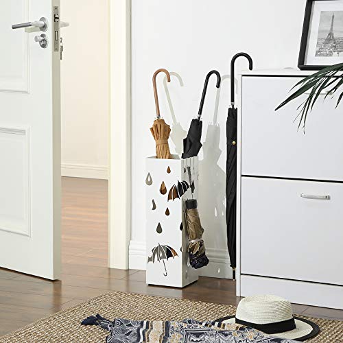 Metal Umbrella Stand, Square Umbrella Holder with Drip Tray and 4 Hooks, 15.5 x 15.5 x 49 cm, White