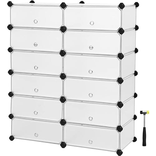 Interlocking Shoe Rack, Rectangular Storage Organiser, 12-Slot Modular DIY Storage Shelf Unit, 40 x 30 x 17 cm for Each Slot, Metal Wire Wardrobe, White