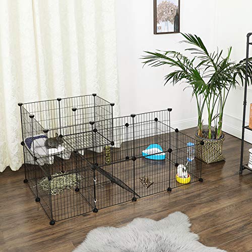 Guinea Pigs Cage, Metal Mesh Pet Playpen with Door, Customisable Fence for Small Animal, Rabbit, for Indoor Use, with Rubber Mallet, 143 x 73 x 71 cm Black