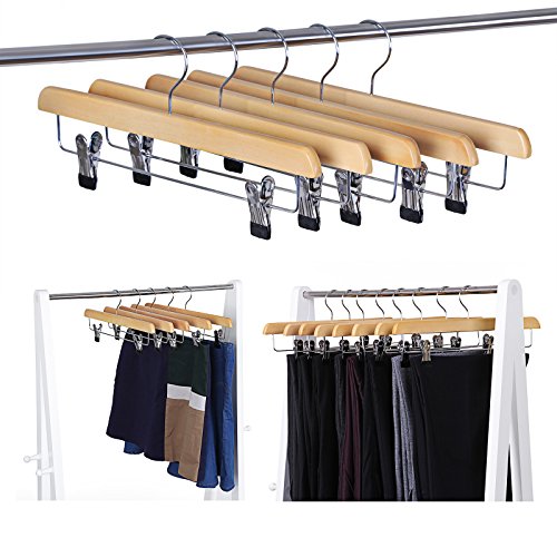 Skirt, Pack of 8, Solid Wood Trousers Hangers, with Non-Slip Clips for Pants Slacks, Shorts, Natural , 35.5 x 16.2 x 1.1 cm