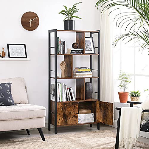 Bookshelf, Storage Shelf, Large Bookcase with Doors, 4 Shelves, Stable Steel Structure, Industrial Style, for Living Room, Office, Rustic Brown and Black