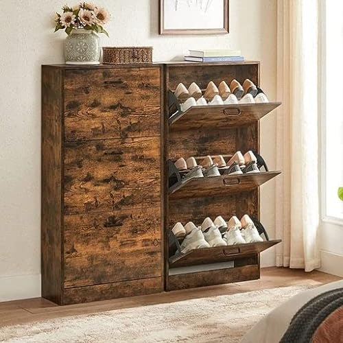 Shoe Cabinet With 3 Flip Doors, 3-Tier Wooden Storage Cupboard, Perfect for Narrow Entrance, Hallway, Living Room, Bedroom, 60 x 24 x 120 cm (L x W x H), Rustic Brown