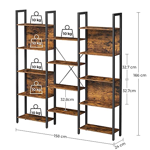 Bookcase, Bookshelf with 14 Storage Shelves, Metal Frame, Living Room, Study, Office, Industrial Style, 158 x 24 x 166 cm, Rustic Brown and Black