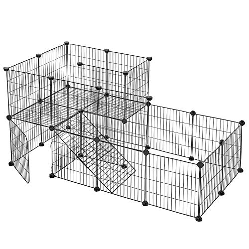 Guinea Pigs Cage, Metal Mesh Pet Playpen with Door, Customisable Fence for Small Animal, Rabbit, for Indoor Use, with Rubber Mallet, 143 x 73 x 71 cm Black