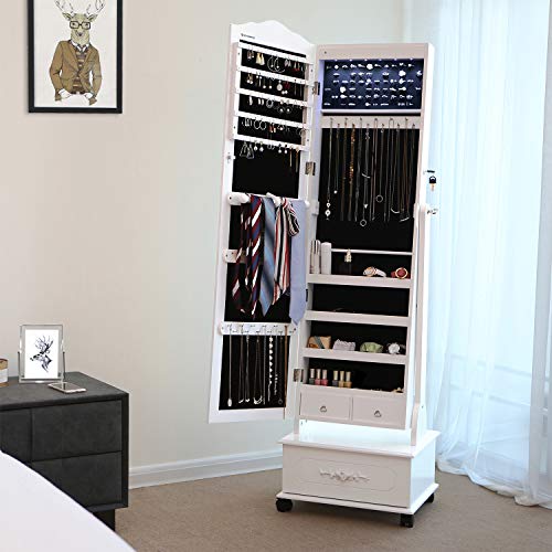 Songmics  Jewellery Cabinet with Wheels and LED Lighting, Lockable, White