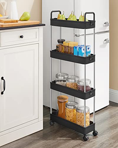 Storage Trolley,Slim Trolley, 4-Tier Kitchen Storage Trolley, Narrow Gap Bathroom Trolley with Wheels and Handles, 40 x 13 x 93 cm, Black