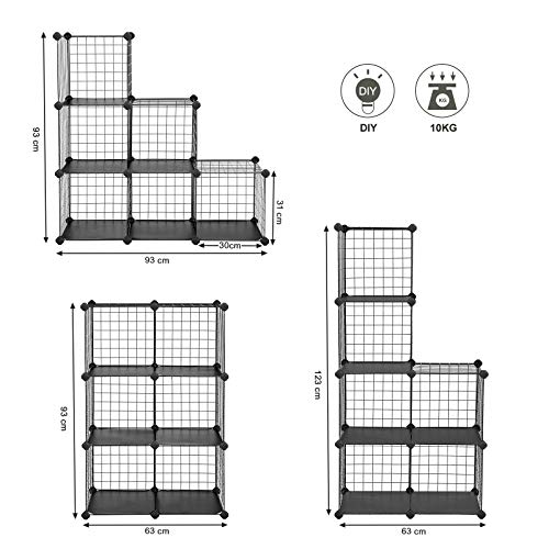 6-Cube Metal Wire Storage Rack, Interlocking Shelving Unit with Metal Wire Shelves, PP Plastic Sheets for Book Shoes Toys Clothes Tools, in Living Room, 93 x 31 x 93 cm, Black