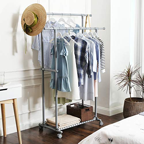 Double Clothes Rail, Extendable Garment Rack, from 87 to 150 cm, Rolling Clothes Rack with Shelf, Sturdy Structure, Max Static Load 70 kg, for Clothes Scarves, Grey