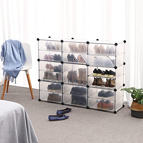 Cube Storage with Doors, Shoe Rack, Plastic Organiser Unit with Dividers, Rubber Mallet Included, for Wardrobe, Living Room, Bedroom, White