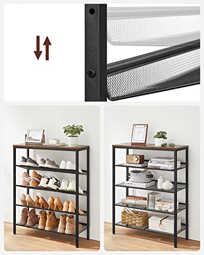 5-Tier Shoe Rack, Tall Shoe Storage with 4 Mesh Shelves and Large Top for Bags, Space-Saving for Entryway, Hallway, Steel, Industrial, Rustic Brown and Black