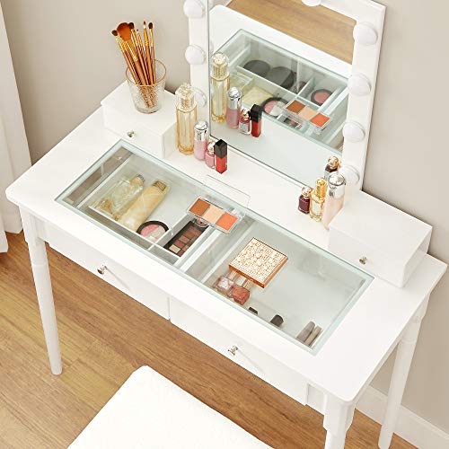 Dressing Table Set, Padded Stool and 10 Dimmable Bulbs, 2 Large and 2 Small Drawers, Transparent Tempered Glass Tabletop, Gift Idea, White