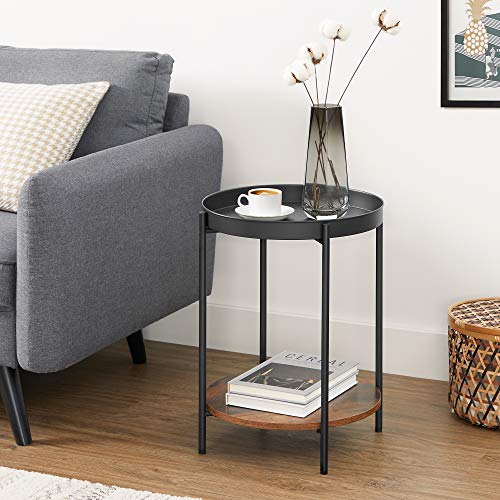 2-Tier Side Table, End Table with Movable Tray, Coffee Table, Steel Frame, for Living Room, Bedroom, Rustic Brown and Black