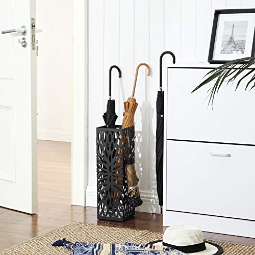 Metal Umbrella Stand, Modern Square Umbrella Holder Rack, 15.5 x 15.5 x 49 cm, with 4 Hooks and a Removable Drip Tray, for Hallway, Office, Black