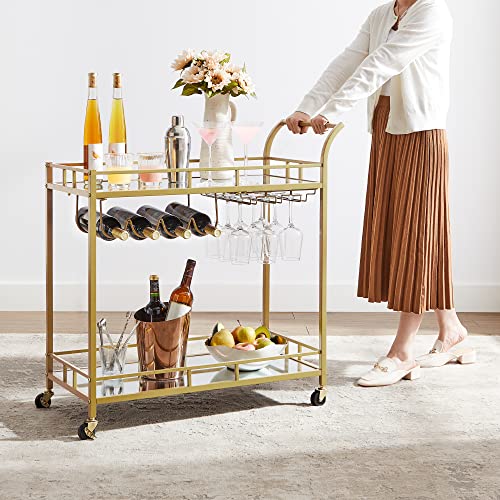 Serving Trolley Trolley Glass Holder 2 Mirrored Glass Shelves Bar Trolley Wine Cart Kitchen Dining Bar Gold