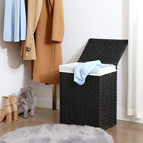 Handwoven Laundry Basket, 90L Synthetic Rattan Clothes Hamper with Lid and Handles, Foldable, Removable Liner Bag, Black