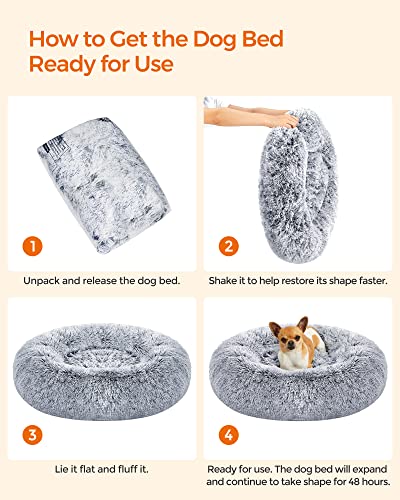 Dog Bed, Donut Cat Bed, Fluffy Calming Pet Bed with Removable, Washable Cover, Soft Long Plush, 60 cm, Grey