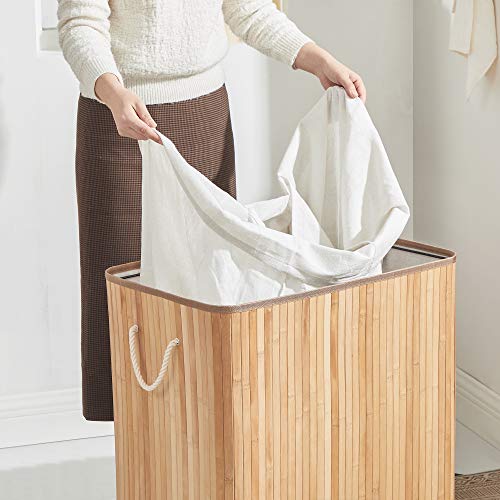 Laundry Hamper Basket with 3 Sections, Clip-on Lid and Handles, 150L Foldable, for Laundry Room, Bedroom, Bathroom, Natural