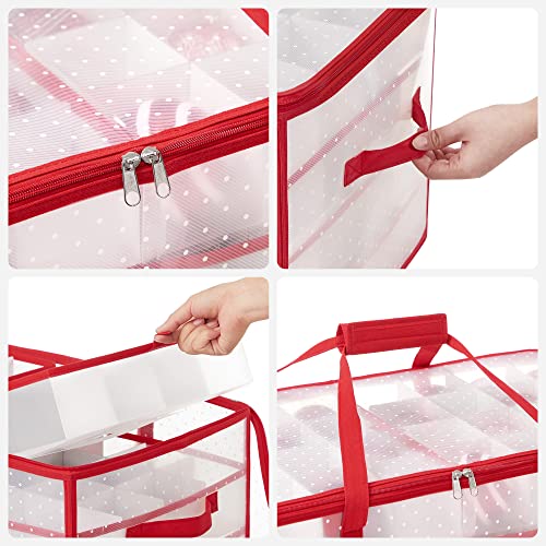 Christmas Ornament Storage Box, Storage Cube Bin for Christmas Decorations, 128 Box Places, Modular Dividers, 67 x 34 x 34 cm, Semi-Transparent and Red