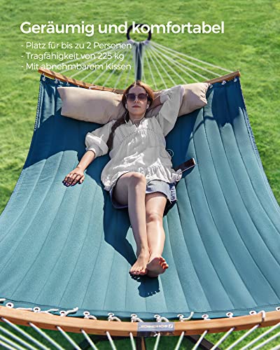 Padded Double Hammock, Quilted Hammock with Detachable Curved Bamboo Spreader Bars, Swing Bed with Pillow, Oxford Fabric, 200 x 140 cm, Load Capacity 225 kg, Blue and Beige