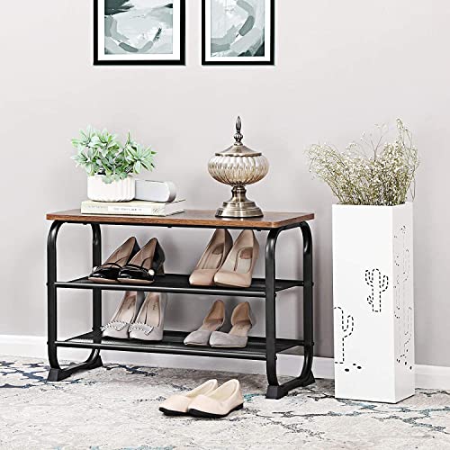 Shoe Bench, Industrial Shoe Rack with 2 Mesh Shelves, Rounded Iron Frame, in Hallway and Living Room, Stable, Narrow and Space Saving, Rustic Brown