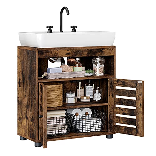 Under Sink Cabinet, Bathroom Vanity Unit, Storage Cupboard, 60 x 30 x 63 cm, with 2 Louvered Doors, Adjustable Shelf, Rustic Brown