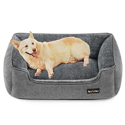 Dog Bed, Linen-Look Pet Bed, Dog Sofa Bed with Raised Edges, Non-Slip Bottom, Removable Washable Cover, L, for Medium Dogs, 90 x 75 x 25 cm, Light Grey