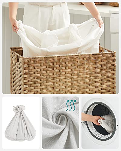 Laundry Basket, Handwoven Laundry Hamper, 140L Rattan-Style Washing Basket with 3 Compartments, Removable Liner, Handles, Lid, Living Room, Bathroom, 66 x 33 x 60 cm, Natural