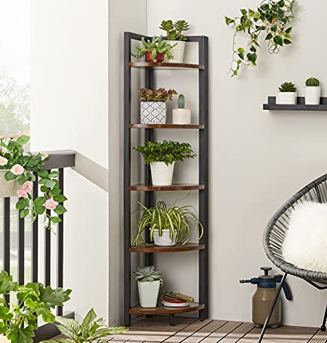 5-Tier Corner Shelf, Multipurpose Storage Shelf, Plant Stand, 30 x 30 x 150 cm, Industrial, for Living Room, Bedroom, Home Office, Rustic Brown and Black