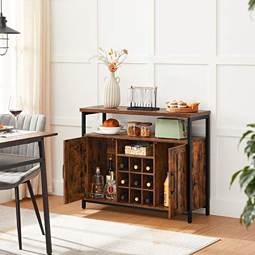 Storage Cabinet, Sideboard and Buffet Table with Wine Holder, 2-Door Cupboard for Dining Room, Living Room, Kitchen, 100 x 35 x 81.4 cm, Industrial, Rustic Brown and Black