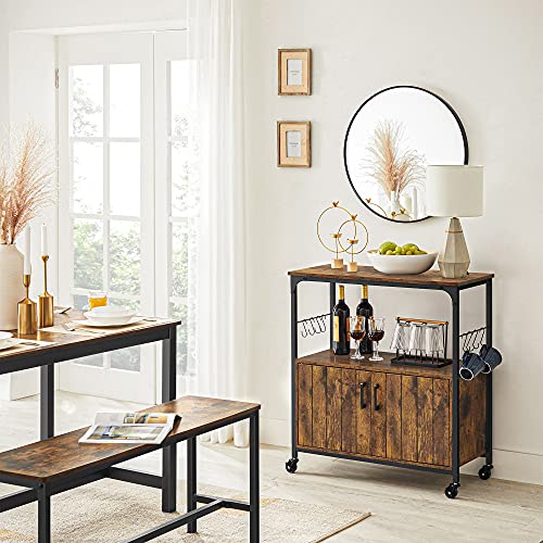 Sideboard, Kitchen Island, Baker’s Rack with Wheels, Food Trolley with Doors, 8 Hooks, Storage Shelves, 80 x 35 x 80 cm, Industrial Kitchen Cupboard, Rustic Brown and Black