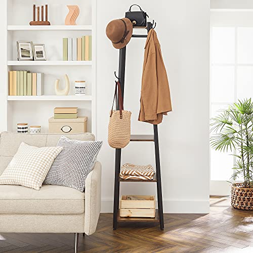 Coat Rack, Coat Stand with 3 Shelves, Ladder Shelf with Hooks for Scarves, Bags and Umbrellas, Steel Frame, Industrial Style, Rustic Brown and Black