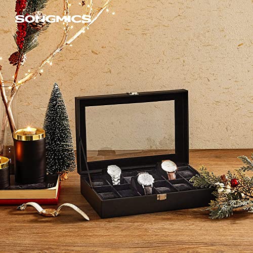 Watch Box with 12 Slots, Watch Case with Glass Lid, Watch Display Box with Removable Watch Pillows, Metal Clasp, Gift Idea, Black Synthetic Leather, Black Lining