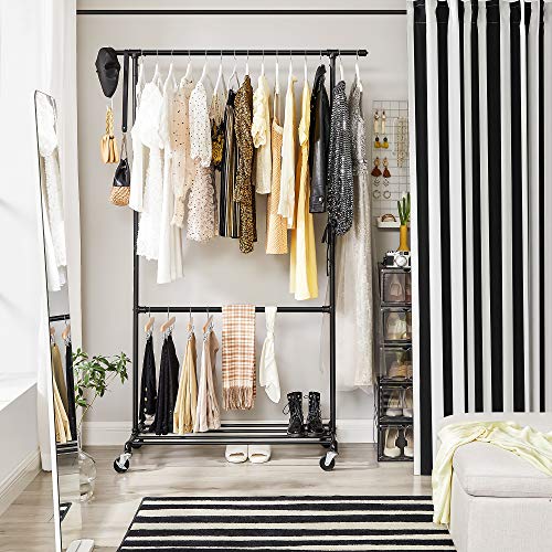 Industrial Clothes Rack on Wheels, Maximum load of 110 Kg, Double Garment Hanging Rod, Heavy Duty Commercial Display, Black