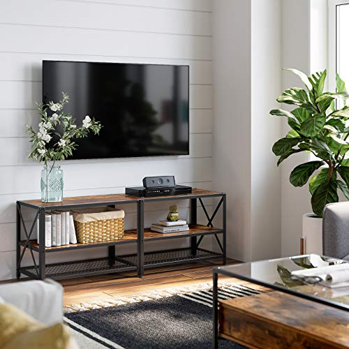 TV Stand, TV Table for TV up 60 Inchs, with Shelves, Steel Frame, Living Room, Bedroom Furniture, Rustic Brown and Black