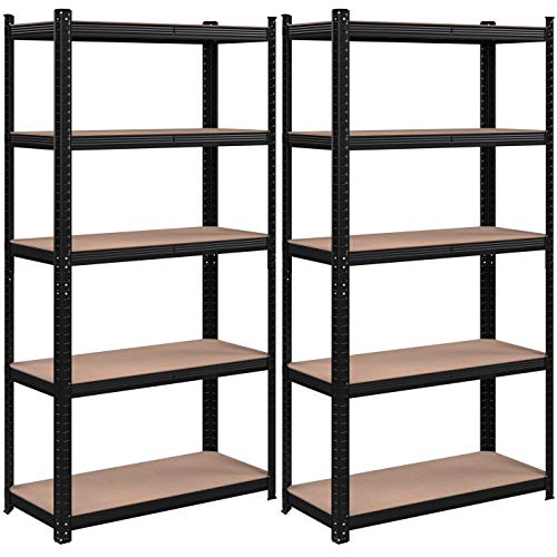 5-Tier Shelving Units, Set of 2 Steel Shelving Units for Storage, Tool-Free Assembly, for Garage, Shed, Load Capacity 875 kg, 40 x 90 x 180 cm, Black