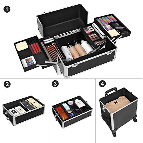 4-in-1 Professional Makeup Case, Travelling Beauty Trolley, Cosmetic Trolley for Hairdressers, Lockable Makeup Storage with Castors, Black