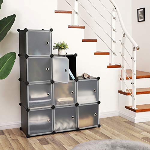 9-Cube Storage Organiser Unit, Plastic Closet with Doors, Modular Cabinet for Clothes, Shoes, Toys, Books, Easy to Assemble, Black