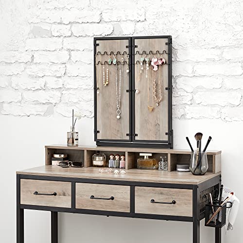 Dressing Table with Padded Stool, Triple Mirror, 3 Drawers, Hair Dryer Holder, Pot, Industrial Style, Grey and Black