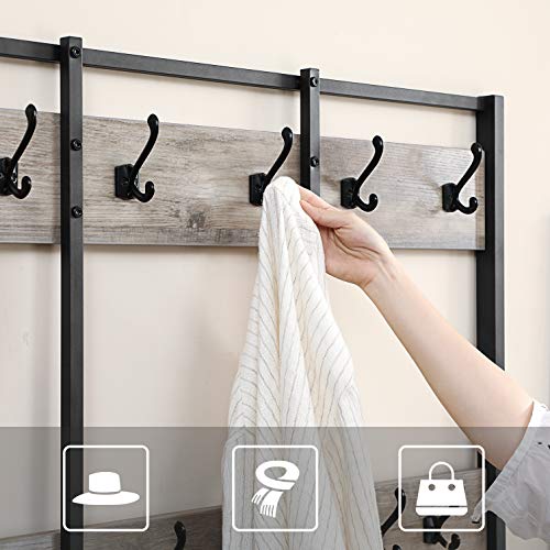 Large Coat Rack Stand, Coat Tree with 12 Hooks and Shoe Bench in Industrial Design, Hall Tree, Multifunctional Hallway Shelf, Office, Bedroom, Greige and Black