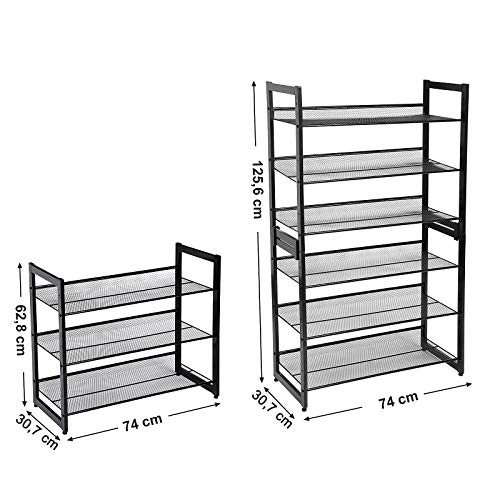 3-Tier Shoe Rack Storage, Steel Mesh, Flat or Angled Stackable Shoe Shelf Stand for 9 to 12 Pairs of Shoes, Black