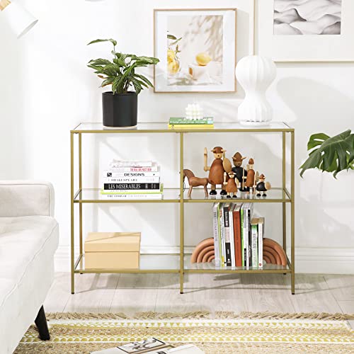 Console Table, Sofa Table with 3 Shelves, Tempered Glass Shelf, 100 x 30 x 73 cm, Metal Frame, Modern, for Hallway Living Room Bedroom, Gold Colour